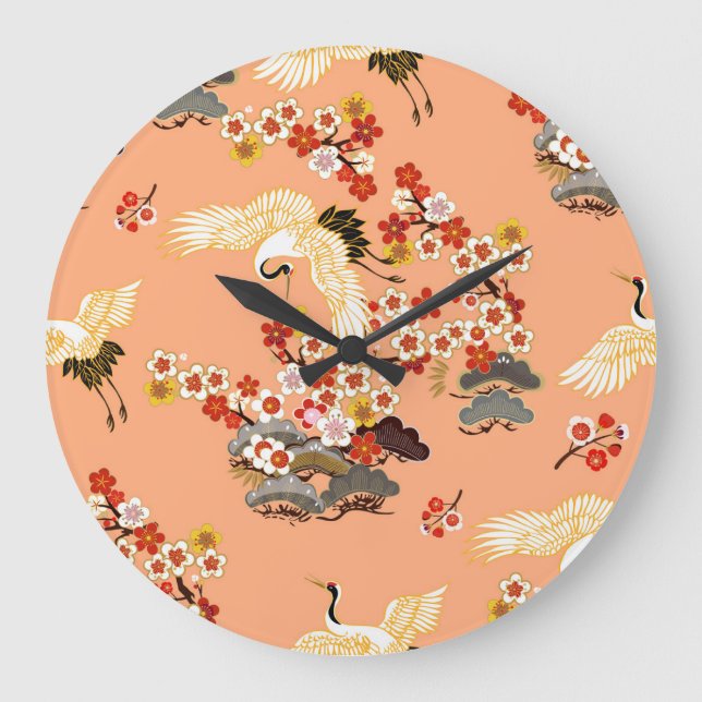Cranes, sakura, colourful, floral, cantaloupe. large clock (Front)