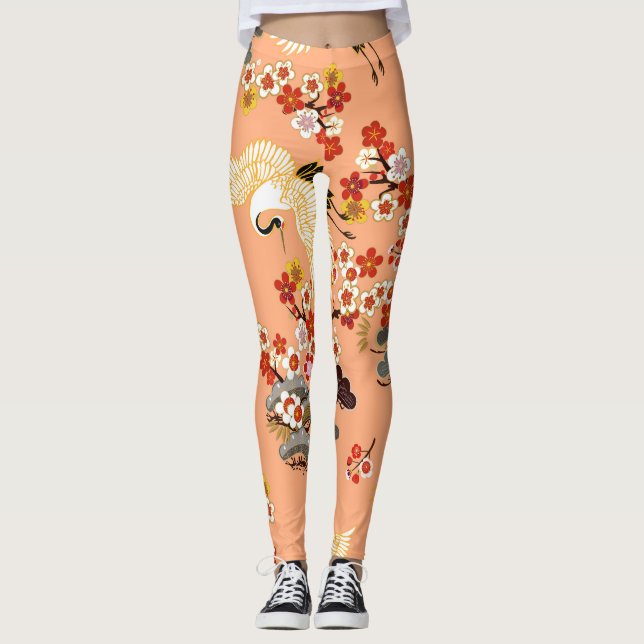 Cranes, sakura, colourful, floral, cantaloupe. leggings (Front)