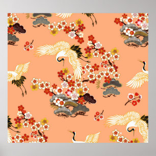 Cranes, sakura, colourful, floral, cantaloupe. poster