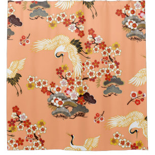 Cranes, sakura, colourful, floral, cantaloupe. shower curtain