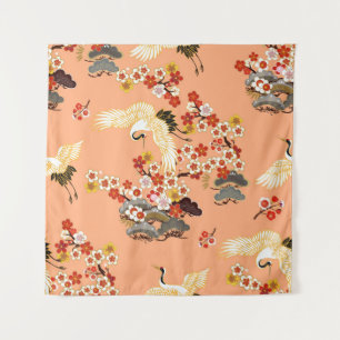 Cranes, sakura, colourful, floral, cantaloupe. tapestry