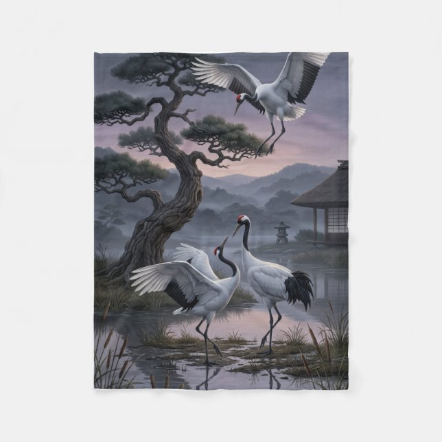 Cranes Under Pine Trees Oriental Aesthetic Fleece  Blanket (Front)