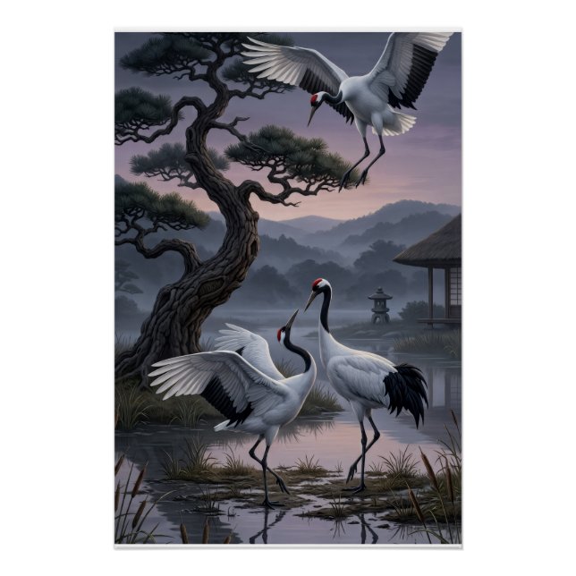 Cranes Under Pine Trees Oriental Aesthetic Fleece  Poster (Front)