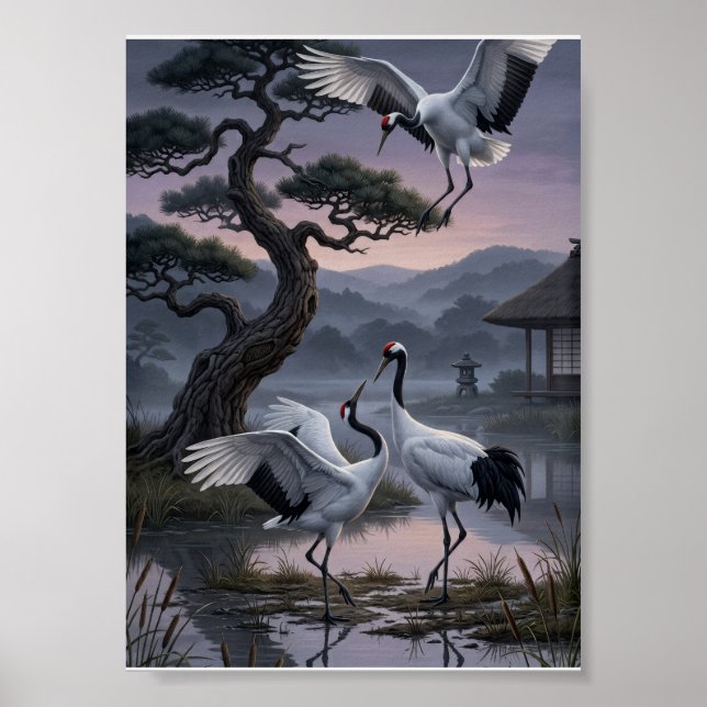 Cranes Under Pine Trees Oriental Aesthetic Fleece  Poster (Front)
