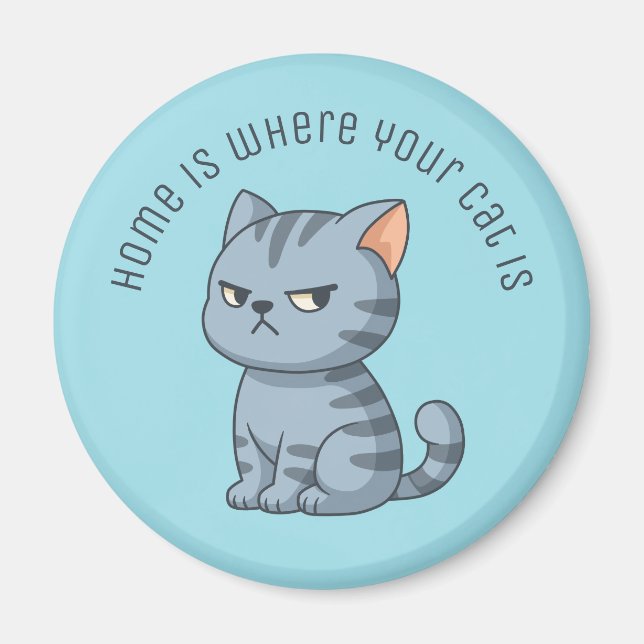 Cranky Grey Tabby Cat Custom Text Blue Magnet (Front)