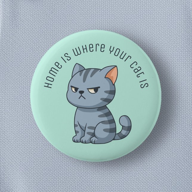 Cranky Grey Tabby Cat Custom Text Green 6 Cm Round Badge (Creator Uploaded)