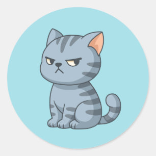 Cranky Grey Tabby Cat on Blue Classic Round Sticker