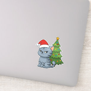 Cranky Grey Tabby Cat Red Hat Christmas Tree
