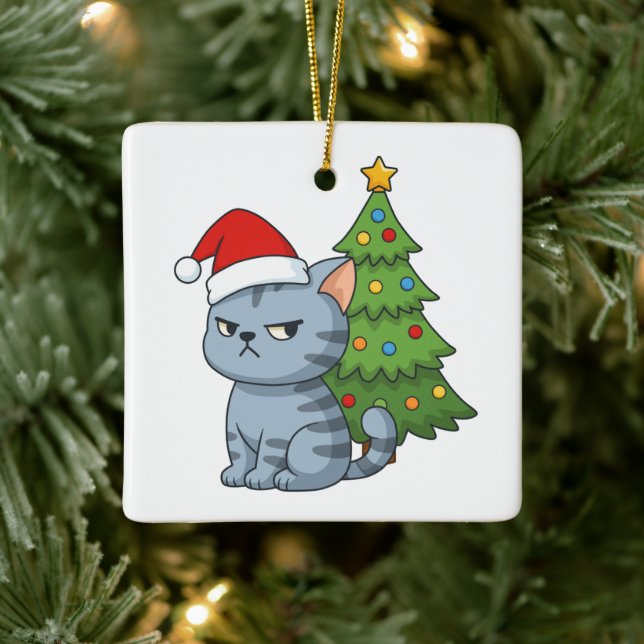 Cranky Grey Tabby Cat Red Hat Christmas Tree Ceramic Ornament (Tree)