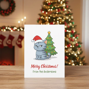 Cranky Grey Tabby Cat Red Hat Christmas Tree Postcard