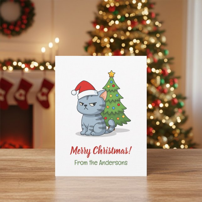 Cranky Grey Tabby Cat Red Hat Christmas Tree Postcard (Creator Uploaded)