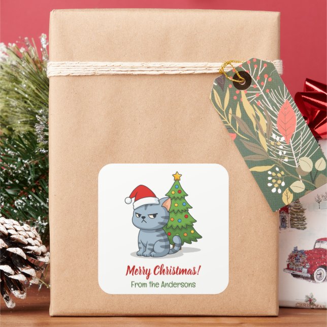 Cranky Grey Tabby Cat Red Hat Christmas Tree Square Sticker (Holiday)