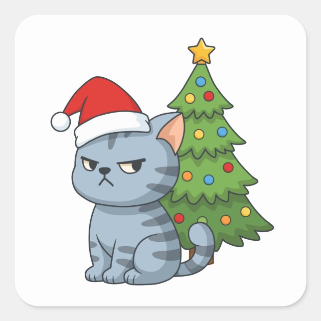 Cranky Grey Tabby Cat Red Hat Christmas Tree Square Sticker (Front)