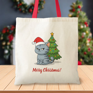 Cranky Grey Tabby Cat Red Hat Christmas Tree Tote Bag