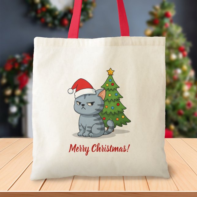 Cranky Grey Tabby Cat Red Hat Christmas Tree Tote Bag (Creator Uploaded)
