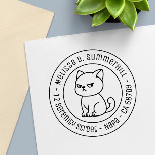 Cranky Moody Cat Round Address Self-inking Stamp