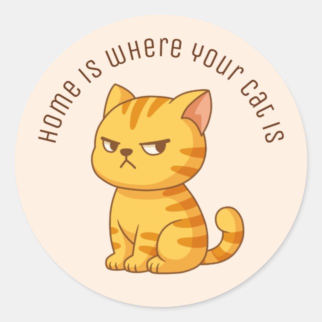 Cranky Orange Tabby Cat Custom Text Beige Classic Round Sticker (Front)