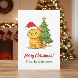 Cranky Tabby Cat Red Hat Christmas Tree Holiday Card