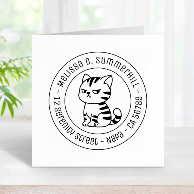 Cranky Tabby Cat Round Address Rubber Stamp (Creator Uploaded)