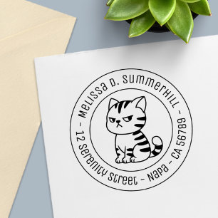 Cranky Tabby Cat Round Address Self-inking Stamp