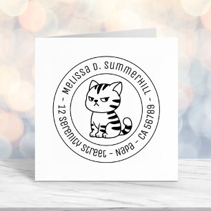 Cranky Tabby Cat Round Address Self-inking Stamp