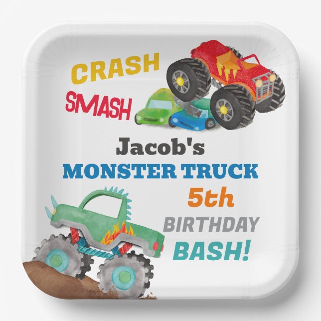 Crash Smash Monster Truck Birthday Bash Watercolor Paper Plate (Front)