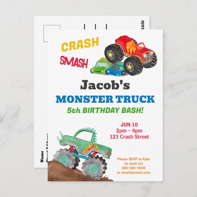 Crash Smash Monster Truck Birthday Bash Watercolor Postcard (Front/Back)