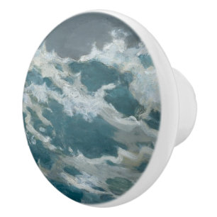 Crashing Ocean Storm Wave Aqua Museum Oil Painting Ceramic Knob