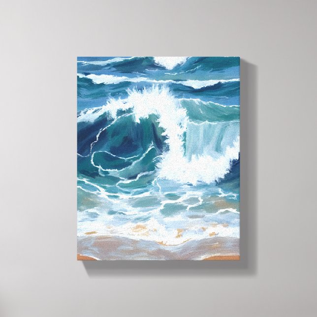 Crashing Ocean Waves | Coastal Blue Watercolor Canvas Print (Front)