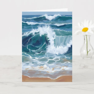 Crashing Ocean Waves   Coastal Blue Watercolor Card