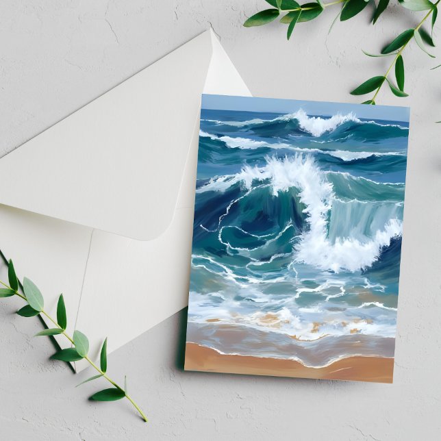 Crashing Ocean Waves Coastal Blue Watercolor Card (Creator Uploaded)