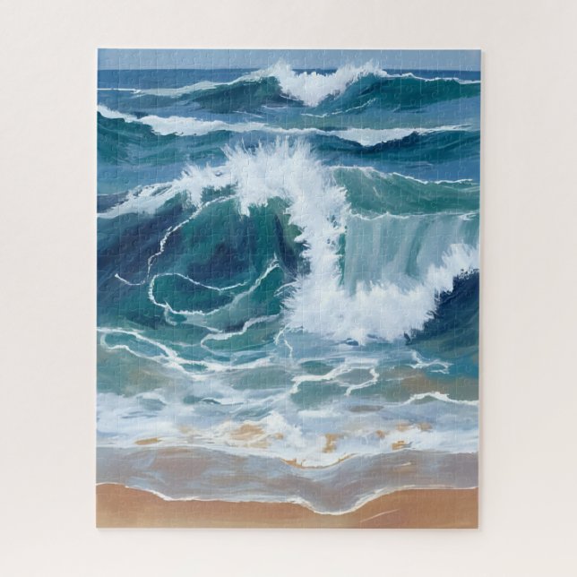 Crashing Ocean Waves | Coastal Blue Watercolor Jigsaw Puzzle (Vertical)