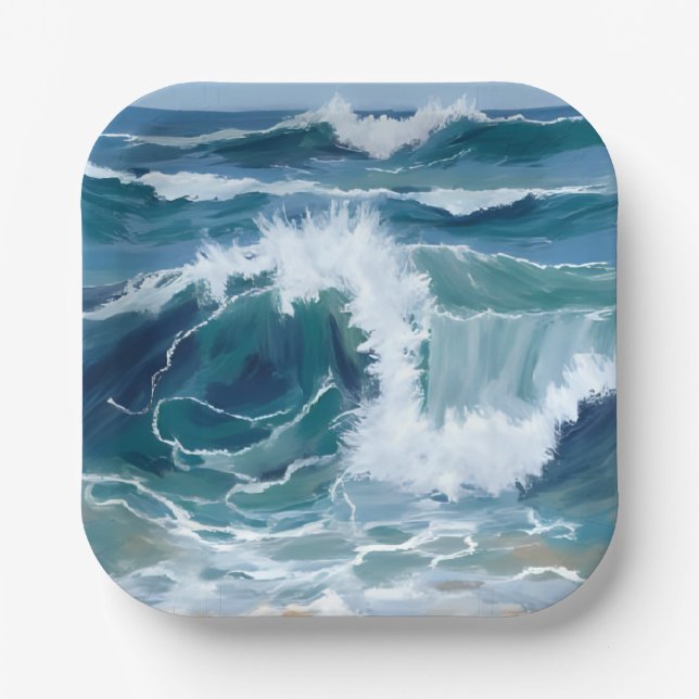 Crashing Ocean Waves | Coastal Blue Watercolor Paper Plate (Front)