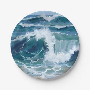 Crashing Ocean Waves   Coastal Blue Watercolor Paper Plate