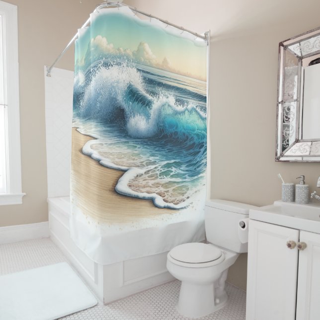 Crashing Ocean Waves Rustic Coastal Beach  Shower Curtain (In Situ)