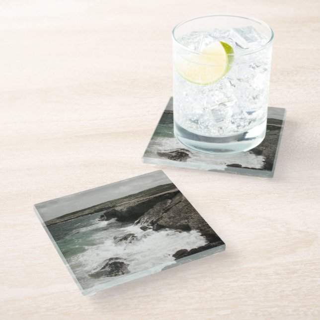 Crashing Waves Coastal Photo Glass Coaster (Angled)