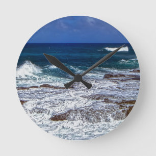 Crashing Waves On Rocks Round Clock