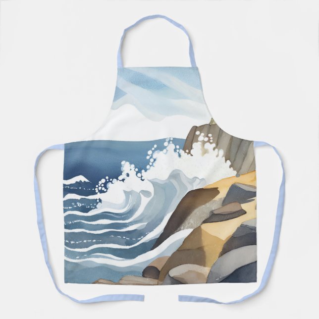 Crashing Waves | Rocky Coastal Shore Watercolor Apron (Front)
