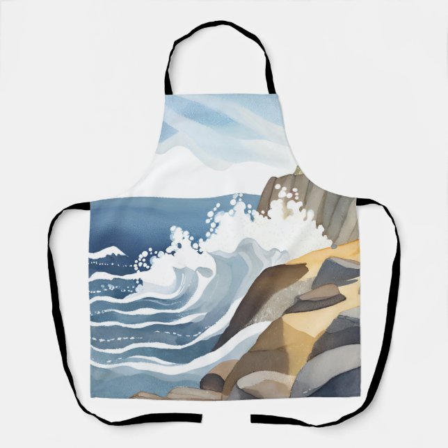 Crashing Waves | Rocky Coastal Shore Watercolor Apron (Front)