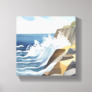 Crashing Waves   Rocky Coastal Shore Watercolor Canvas Print