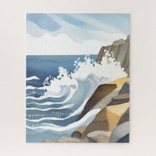 Crashing Waves   Rocky Coastal Shore Watercolor Jigsaw Puzzle