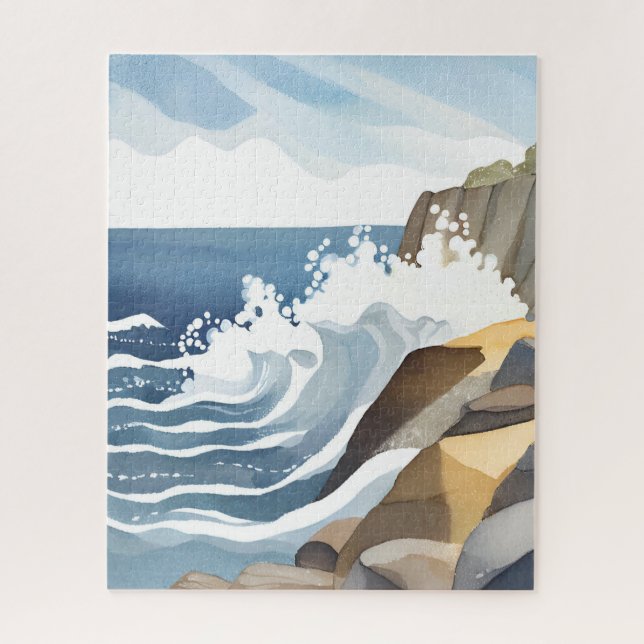 Crashing Waves | Rocky Coastal Shore Watercolor Jigsaw Puzzle (Vertical)