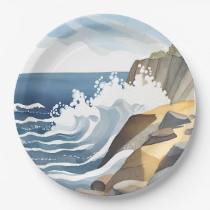 Crashing Waves   Rocky Coastal Shore Watercolor Paper Plate