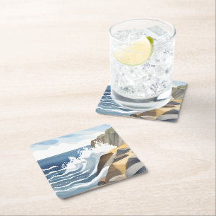 Crashing Waves Rocky Coastal Shore Watercolor Square Paper Coaster
