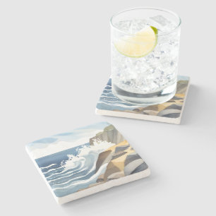 Crashing Waves   Rocky Coastal Shore Watercolor Stone Coaster