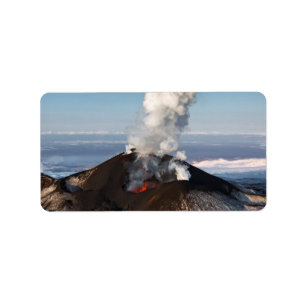 Crater active volcano: lava, gas, steam, ashes label