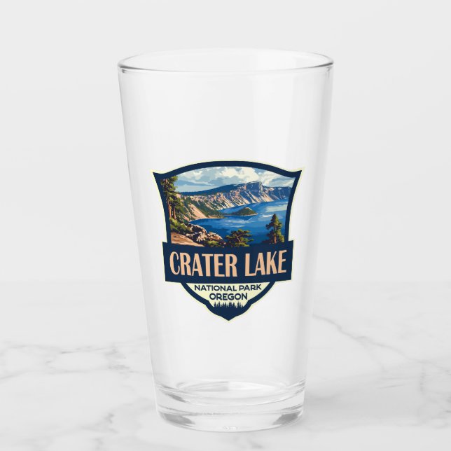 Crater Lake National Park Illustration Retro Badge Glass (Front)