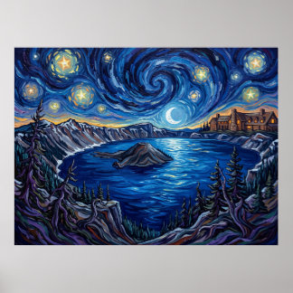 Crater Lake Starry Night Poster