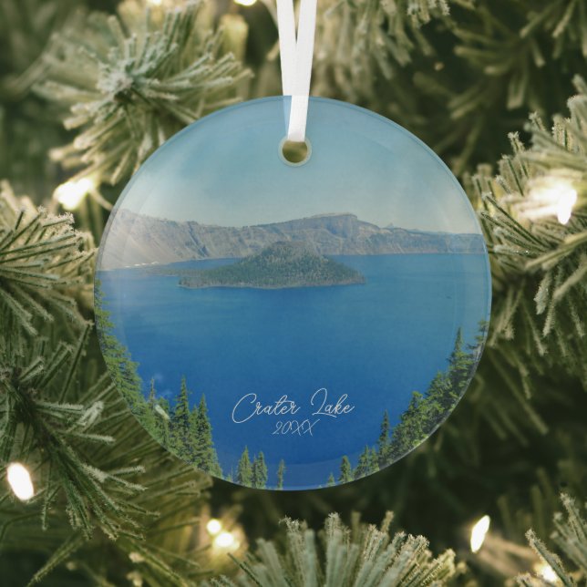 Crater Lake Wizard Island Scenic Photo Glass Tree Decoration (Insitu)