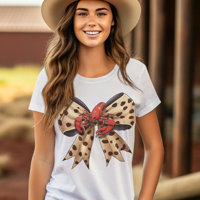 Crawfish and Leopard Print Coquette Bow T-Shirt (Perfect for mudbug season.  Cute crawfish sitting on top of a coquette leopard bow on a women's tee.)
